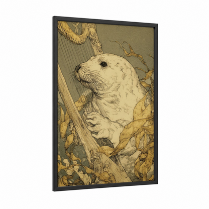 Contemplative Seal framed art print — black wood frame — cream and gold palette