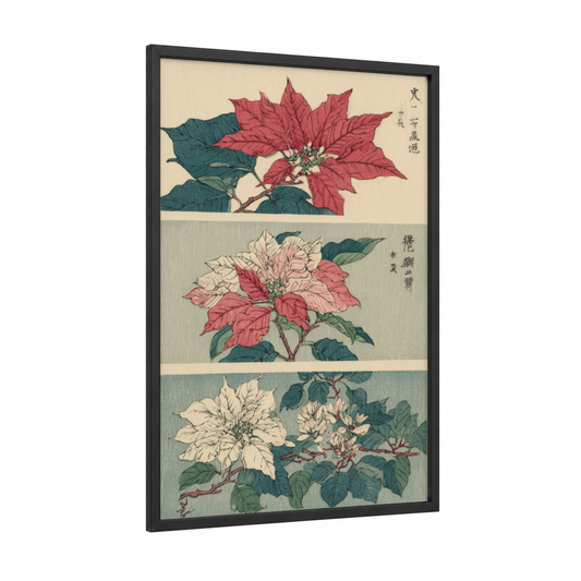 Festive Poinsettia Trio framed poinsettias print — black wood frame — red and dark green palette