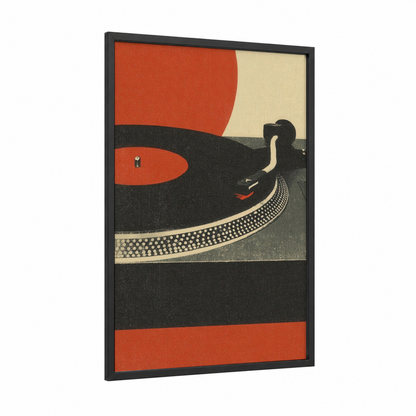 Sunset Turntable framed vinyl records print — black wood frame — red and cream palette