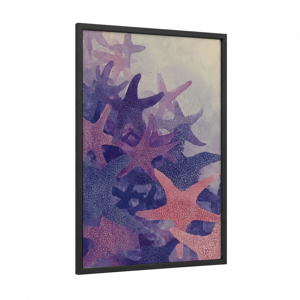Purple Starfish Cluster framed art print — black wood frame — purple and salmon pink palette