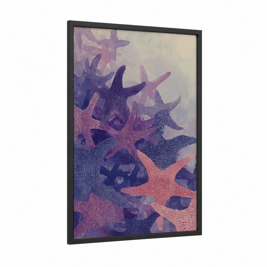 Purple Starfish Cluster framed art print — black wood frame — purple and salmon pink palette