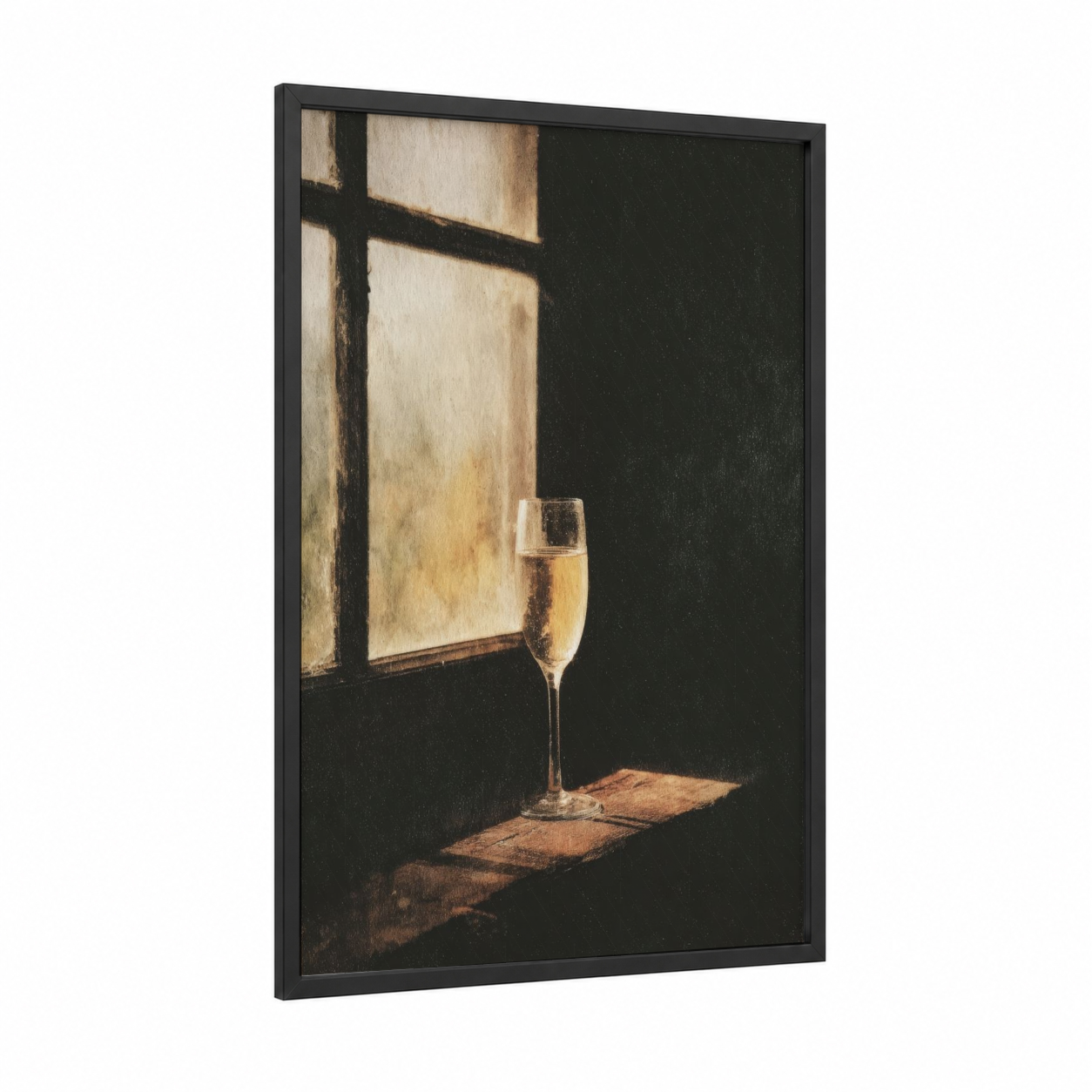 Golden Window Champagne framed art print — black wood frame — gold and black and white palette