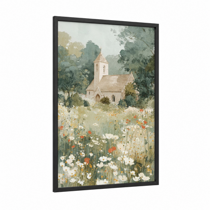 Wildflower Chapel framed churches and chapels print — black wood frame — green and cream palette