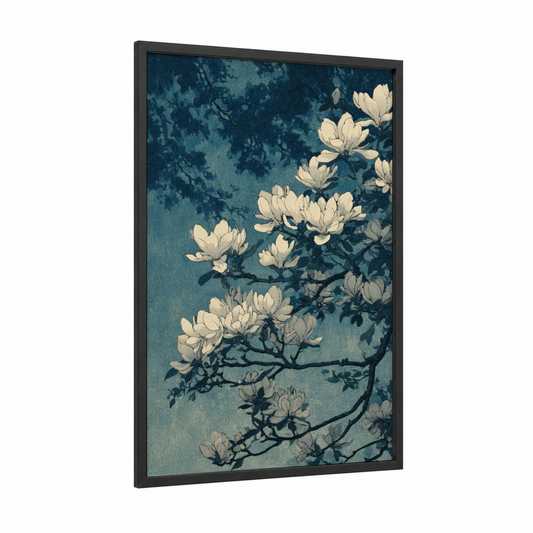 Cream Magnolia framed art print — black wood frame — dark blue and cream palette