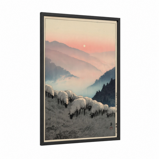 Mountain Sheep Sunrise framed art print — black wood frame — cream and peach palette