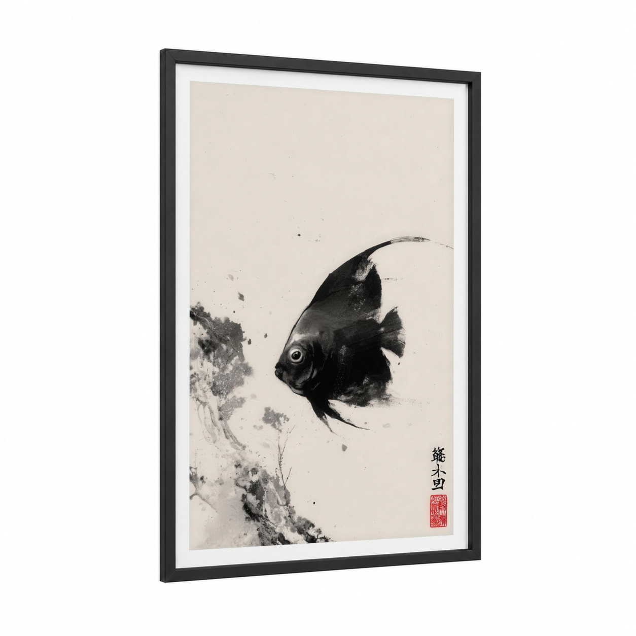 Serene Angel Fish framed art print — black wood frame — black and white and cream palette