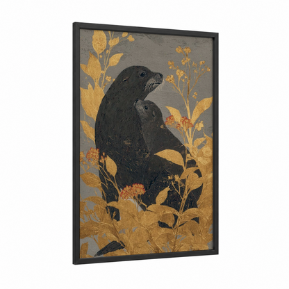 Golden Sea Lion framed art print — black wood frame — gold and black and white palette