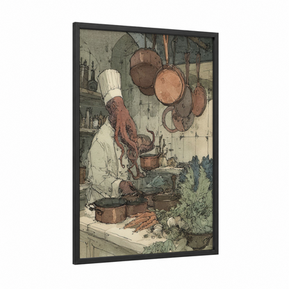 Chef Octopus Cooking framed art print — black wood frame — cream and russet palette