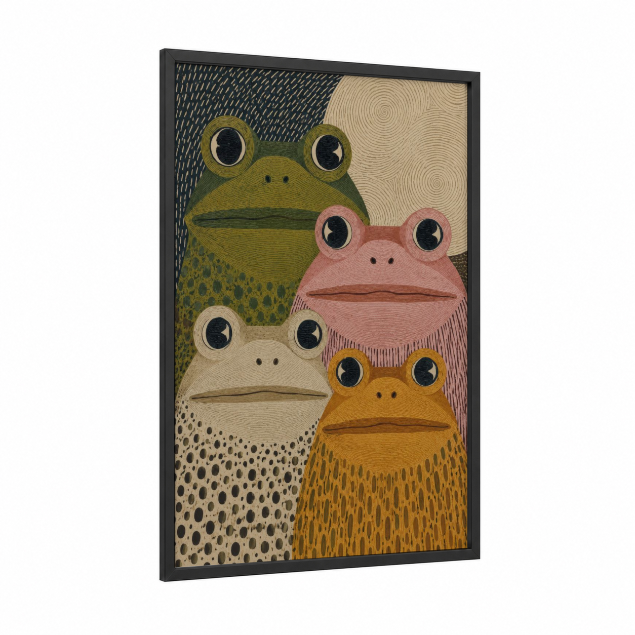 Four Colorful Frogs Wall Art framed frogs and toads print — black wood frame — green and beige palette