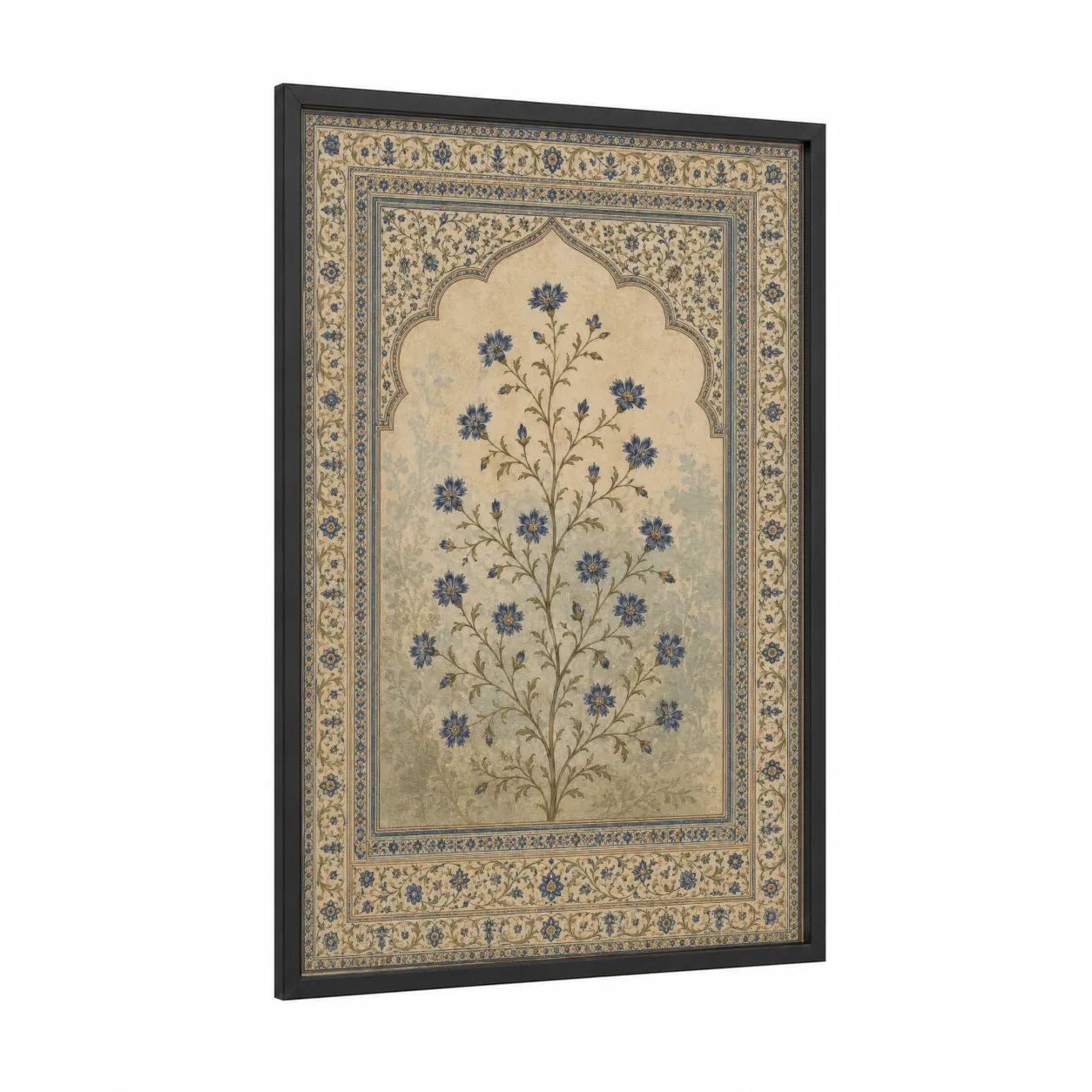 Persian Floral Arch Wall Art framed flower print — black wood frame — blue and beige palette