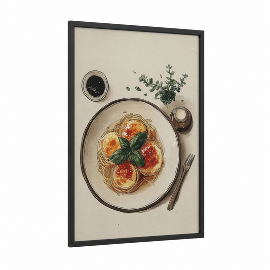 Tomato Basil Pasta framed art print — black wood frame — cream and red palette