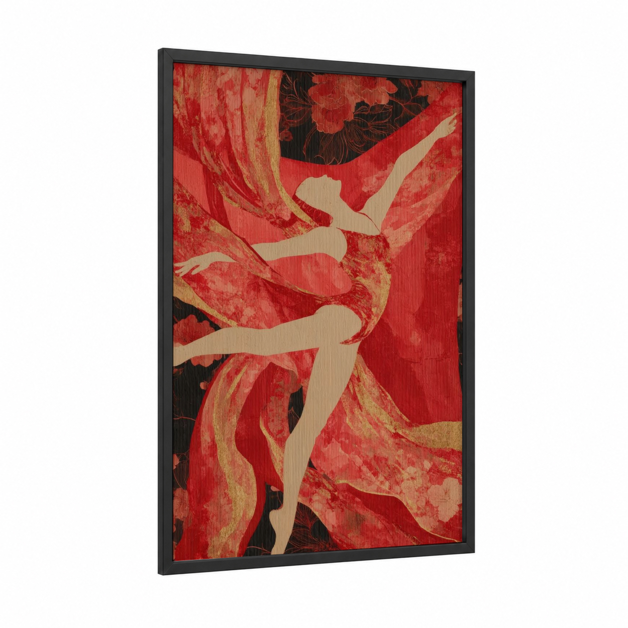 Crimson Dancer framed fitness yoga print — black wood frame — red and gold and pink palette
