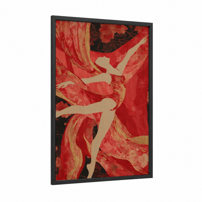 Crimson Dancer framed fitness yoga print — black wood frame — red and gold and pink palette