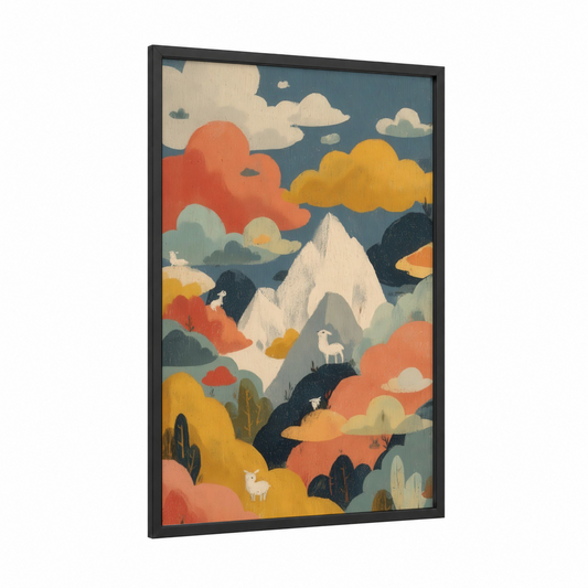 Snowy Peak Sanctuary framed mount everest print — black wood frame — gold and salmon pink palette
