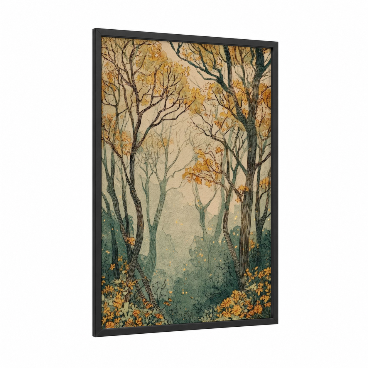 Golden Autumn Forest framed art print — black wood frame — gold and teal palette