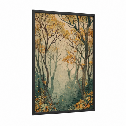 Golden Autumn Forest framed art print — black wood frame — gold and teal palette