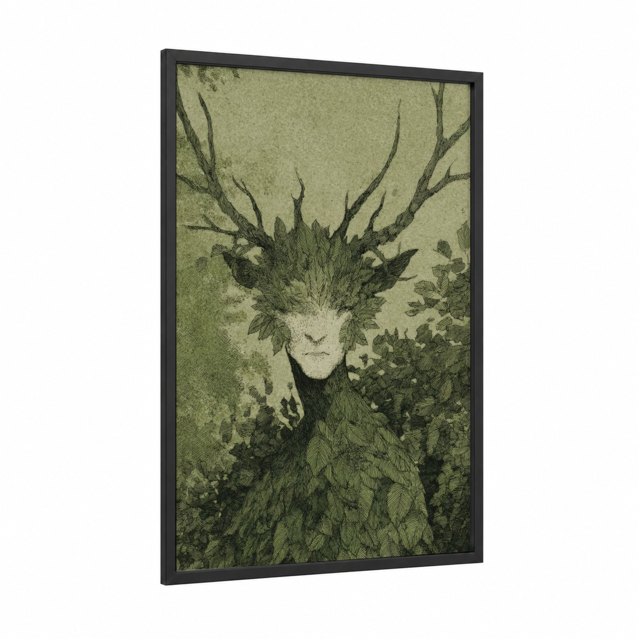 Forest Fairy Spirit framed art print — black wood frame — sage green and black and white palette