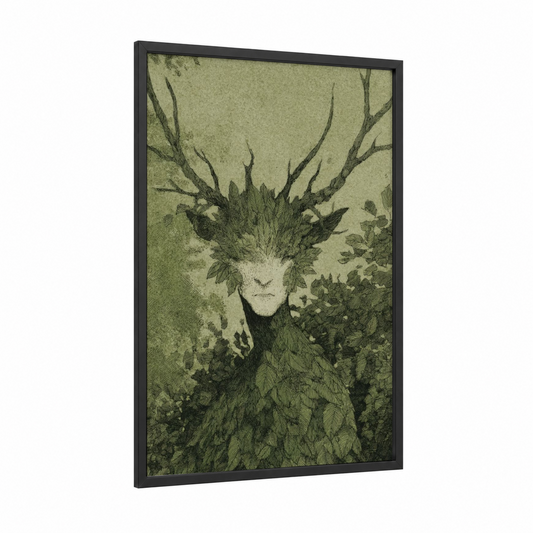 Forest Fairy Spirit framed art print — black wood frame — sage green and black and white palette