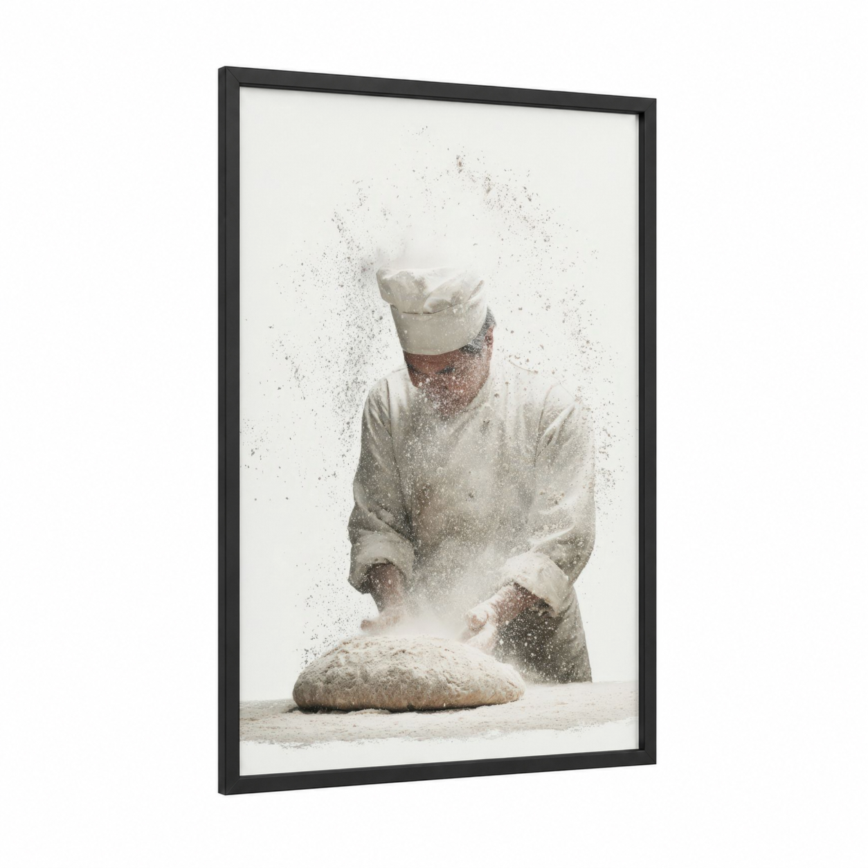 Flour Dusted Baker framed baking print — black wood frame — white and cream palette