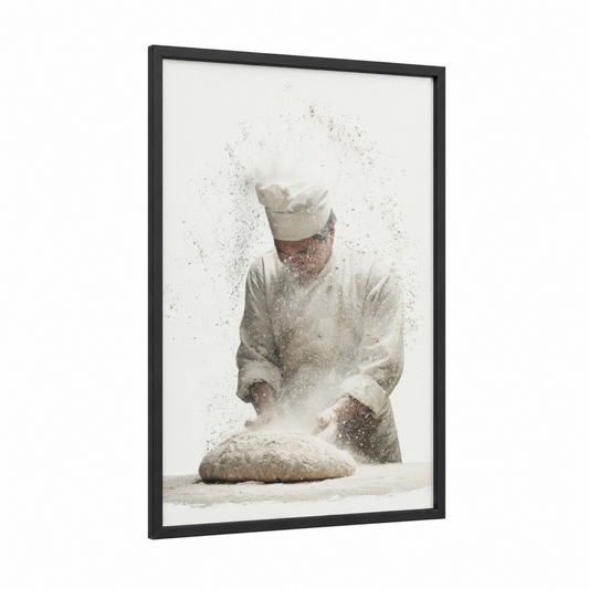 Flour Dusted Baker framed baking print — black wood frame — white and cream palette
