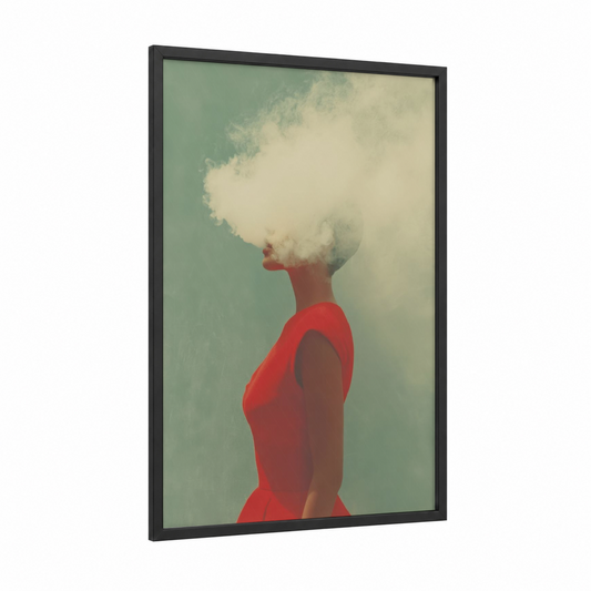 Clouded Reverie framed smoke print — black wood frame — sage green and red palette