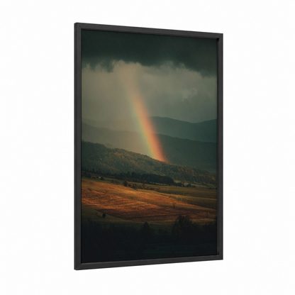 Mountain Rainbow framed art print — black wood frame — gray and gold palette