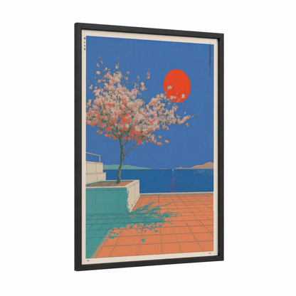 Blossom Sunset Terrace framed japanese y2k print — black wood frame — blue palette