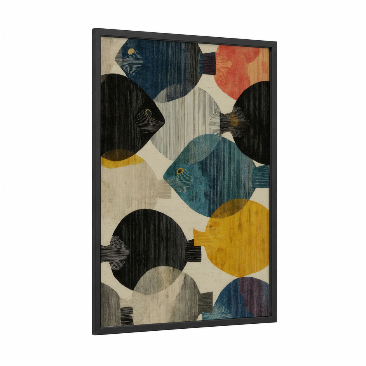 Geometric Discus framed discus fish print — black wood frame — blue and gold palette