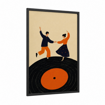Retro Ballroom Dance Couple Wall Art framed art print — black wood frame — orange and beige palette