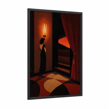 Art Deco Theater Elegance Wall Art framed art print — black wood frame — orange and black palette