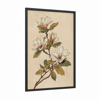 Delicate Magnolia Branch framed art print — black wood frame — cream and sage green palette