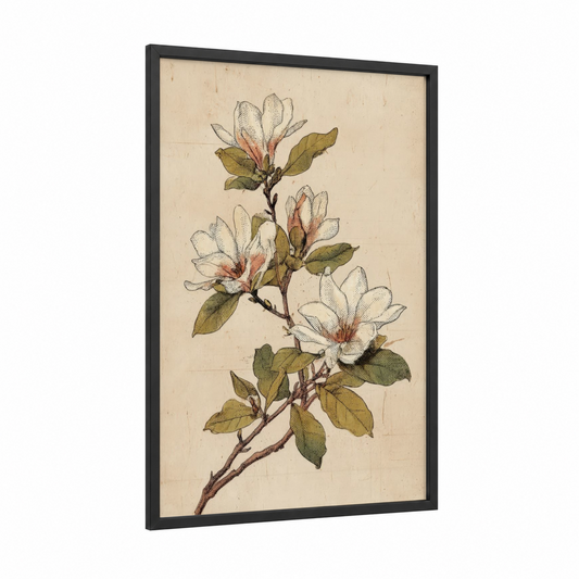Delicate Magnolia Branch framed art print — black wood frame — cream and sage green palette