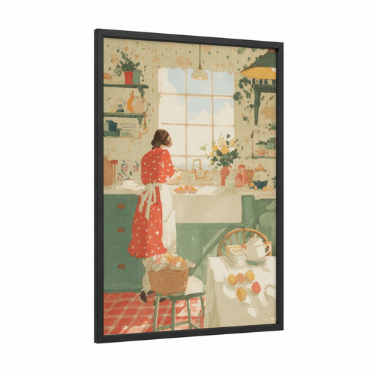 Spring Kitchen Window framed easter print — black wood frame — gold and sage green palette