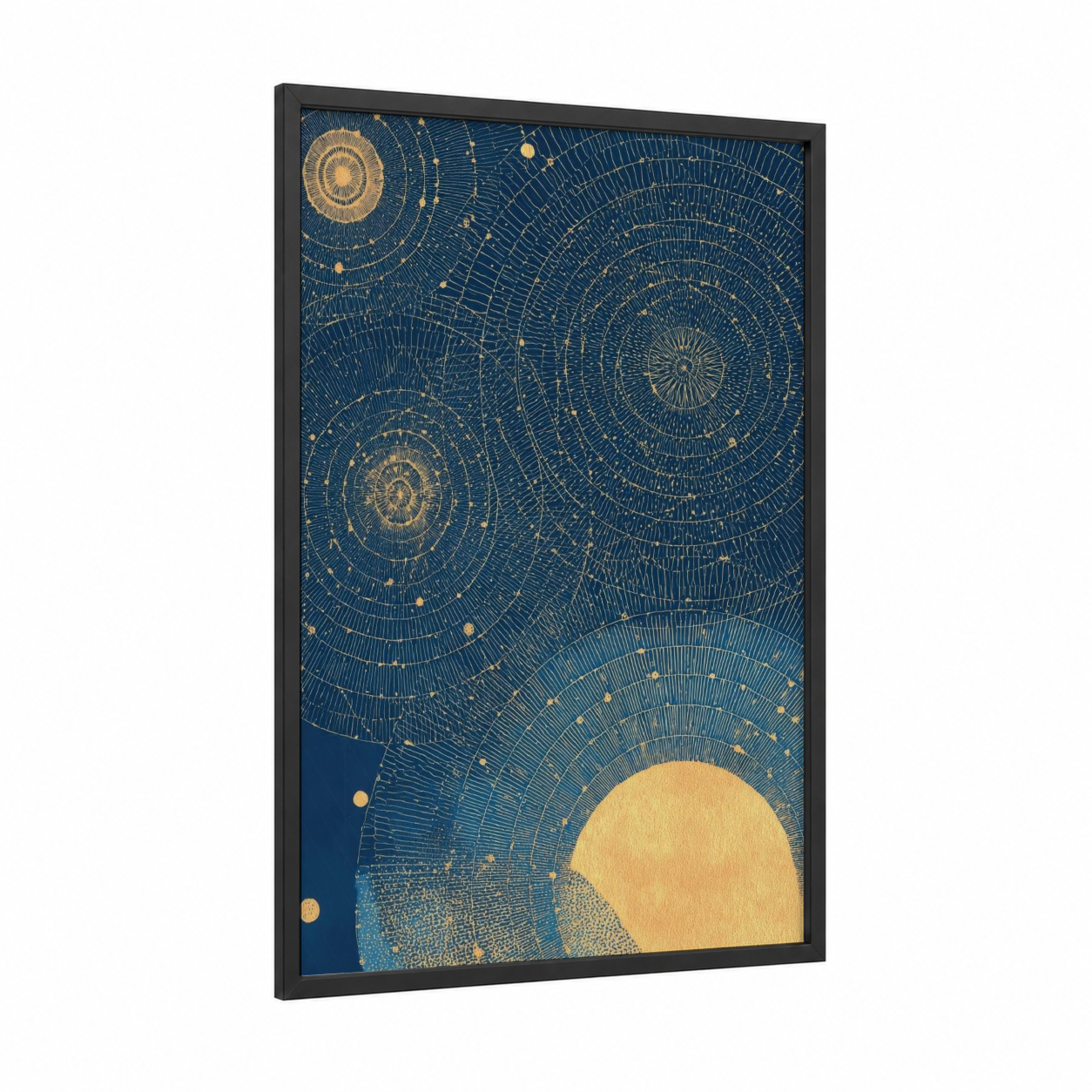 Celestial Orbits framed abstract geometric print — black wood frame — dark blue and gold palette