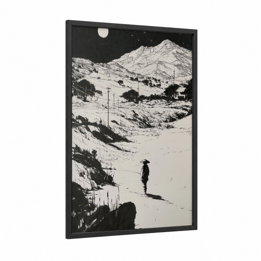 Moonlit Valley framed various landscapes print — black wood frame — black and white and white palette