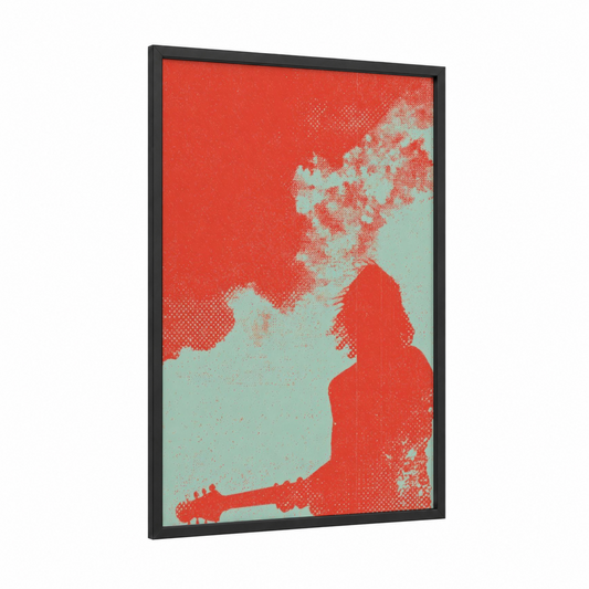 Electric Guitarist Silhouette framed rock'n roll print — black wood frame — red and teal palette