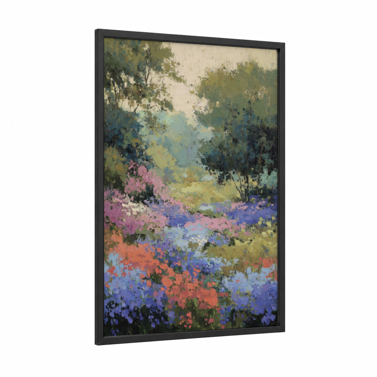 Wildflower Meadow framed violets print — black wood frame — green and purple palette