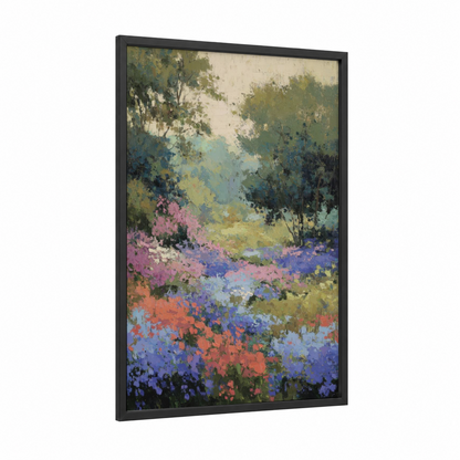 Wildflower Meadow framed violets print — black wood frame — green and purple palette