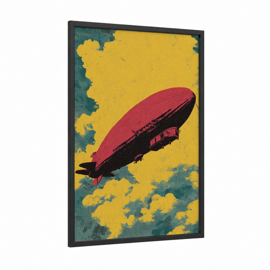 Crimson Airship framed art print — black wood frame — yellow and teal palette