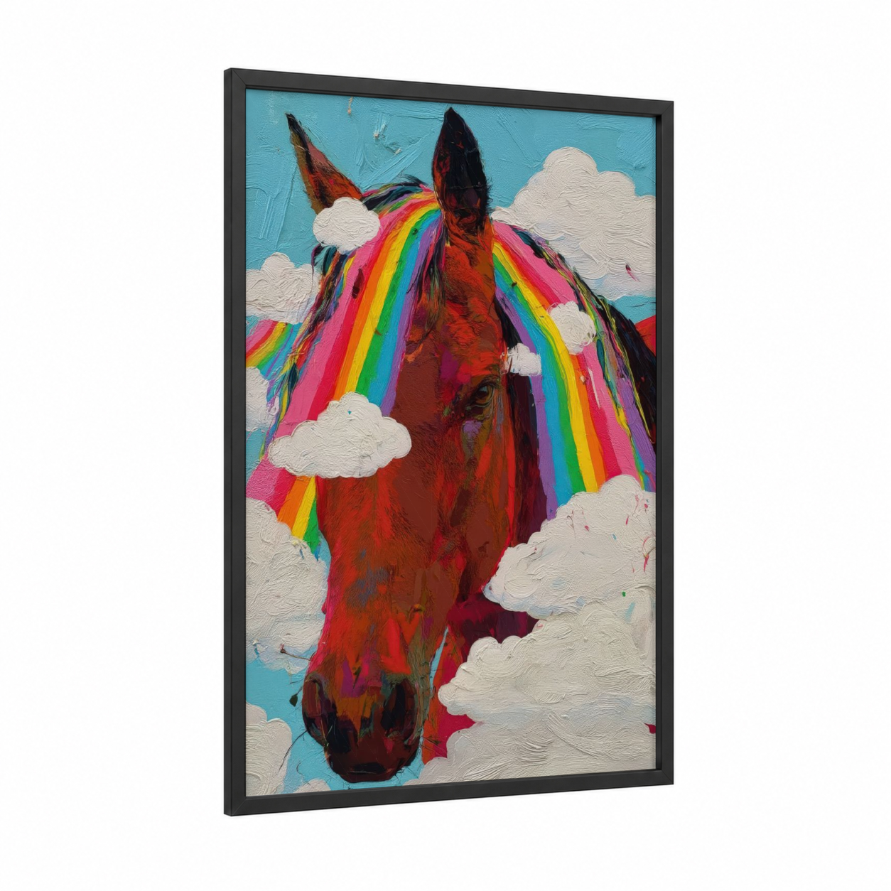 Rainbow Thoroughbred framed thoroughbred horse print — black wood frame — blue and magenta palette