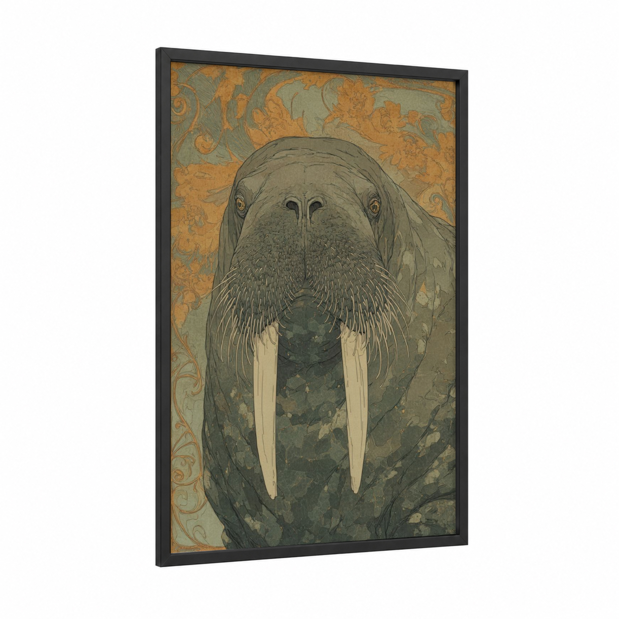 Arctic Walrus Portrait framed art print — black wood frame — gold and sage green palette