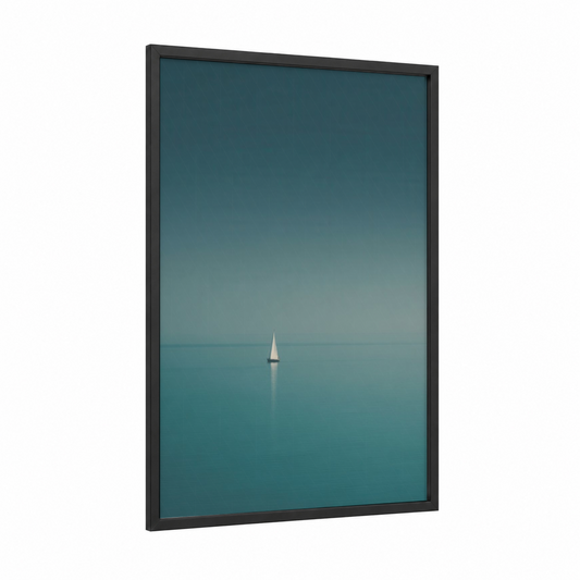 Solitary Sailboat framed sailing print — black wood frame — teal and blue and white palette