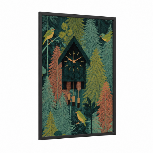 Forest Cuckoo Clock framed art print — black wood frame — dark green and yellow gold palette