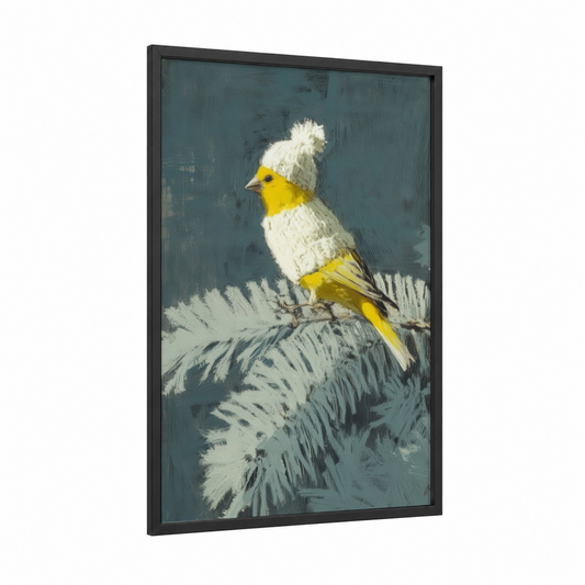 Winter Canary framed canaries print — black wood frame — yellow and white palette