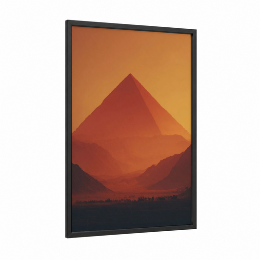 Crimson Pyramid Sunset framed great pyramid of giza print — black wood frame — red and gold palette