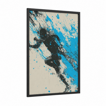 Dynamic Runner framed running print — black wood frame — blue and black and white palette