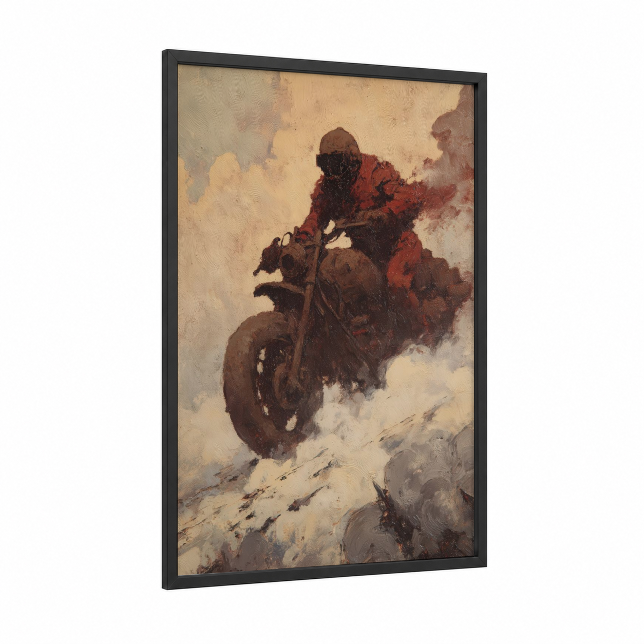 Winter Rider framed vintage motorcycle print — black wood frame — russet and cream palette