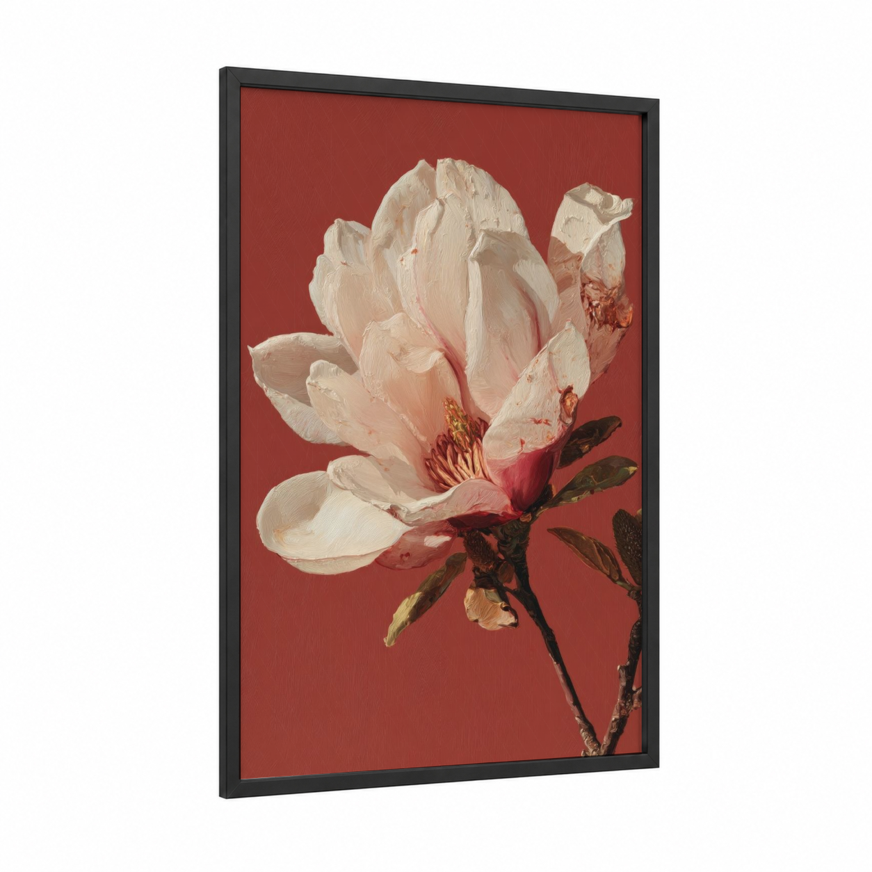 Cream Magnolia Blossom framed art print — black wood frame — cream and maroon palette