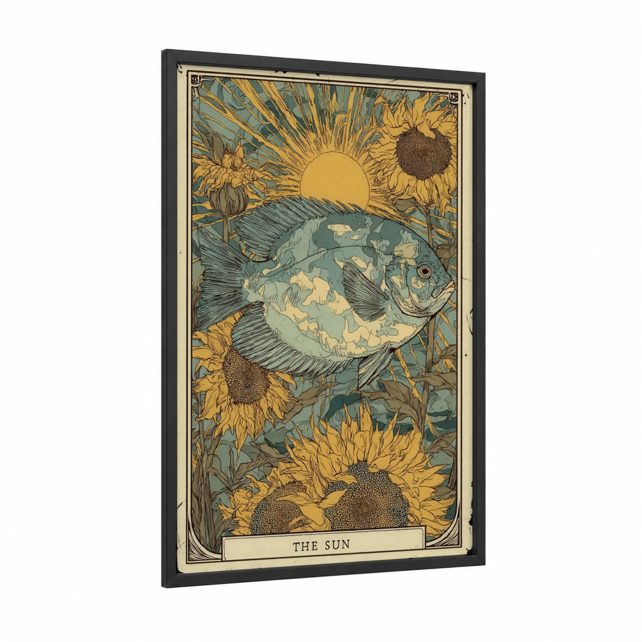 Sunflower Discus framed discus fish print — black wood frame — yellow gold and teal palette