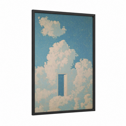 Heavenly Door framed art print — black wood frame — blue and white palette